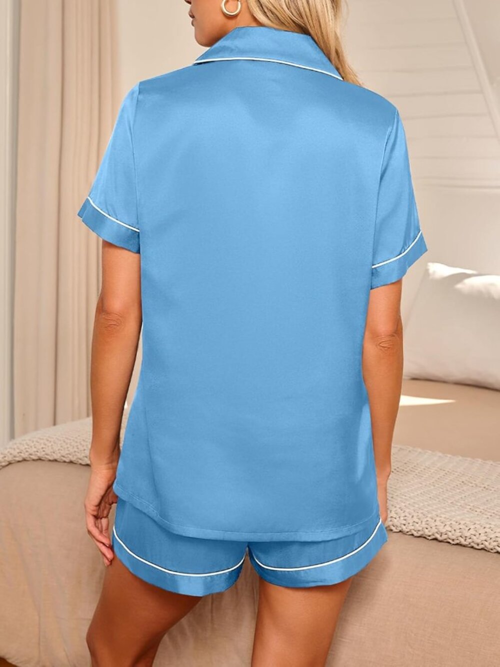 Women's Light Blue Silk Satin Pajama 2 Piece Sleepwear Button Down Short Shirt - Picture 4 of 6
